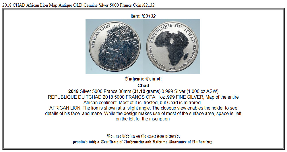 2018 CHAD African Lion Map Antique OLD Genuine Silver 5000 Francs Coin i83132