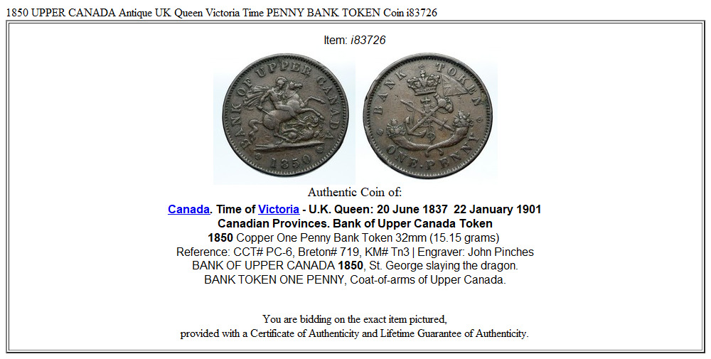 1850 UPPER CANADA Antique UK Queen Victoria Time PENNY BANK TOKEN Coin i83726