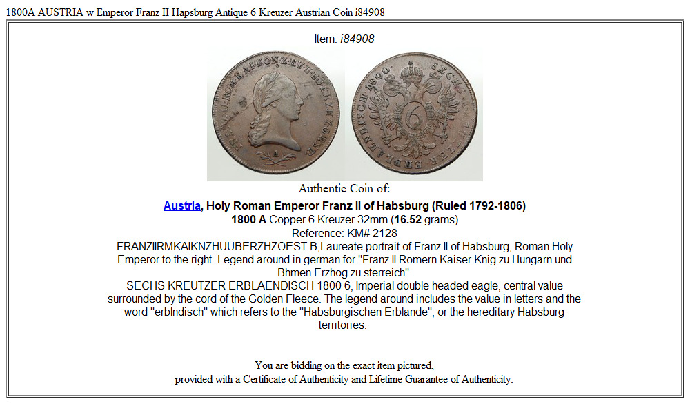 1800A AUSTRIA w Emperor Franz II Hapsburg Antique 6 Kreuzer Austrian Coin i84908