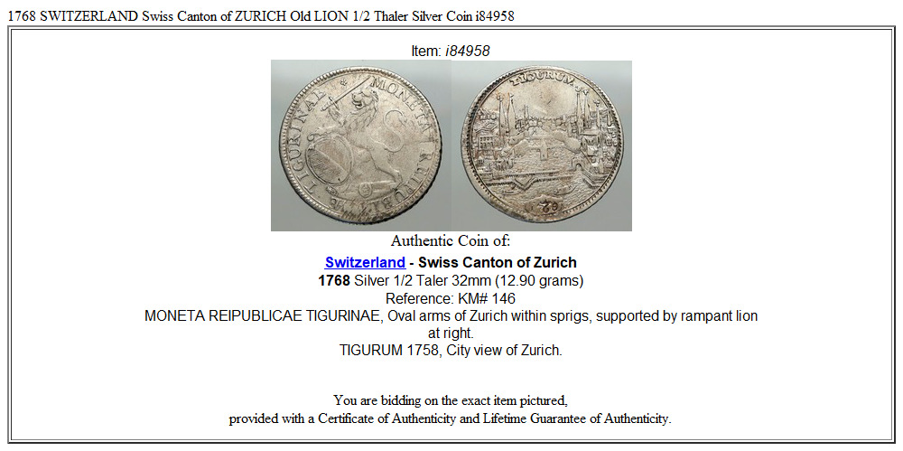 1768 SWITZERLAND Swiss Canton of ZURICH Old LION 1/2 Thaler Silver Coin i84958