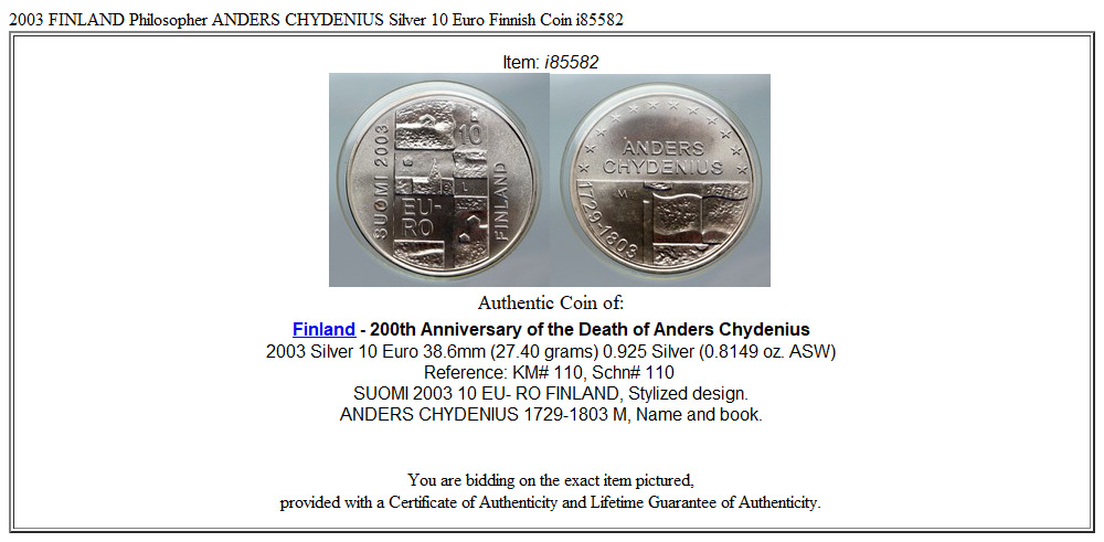 2003 FINLAND Philosopher ANDERS CHYDENIUS Silver 10 Euro Finnish Coin i85582