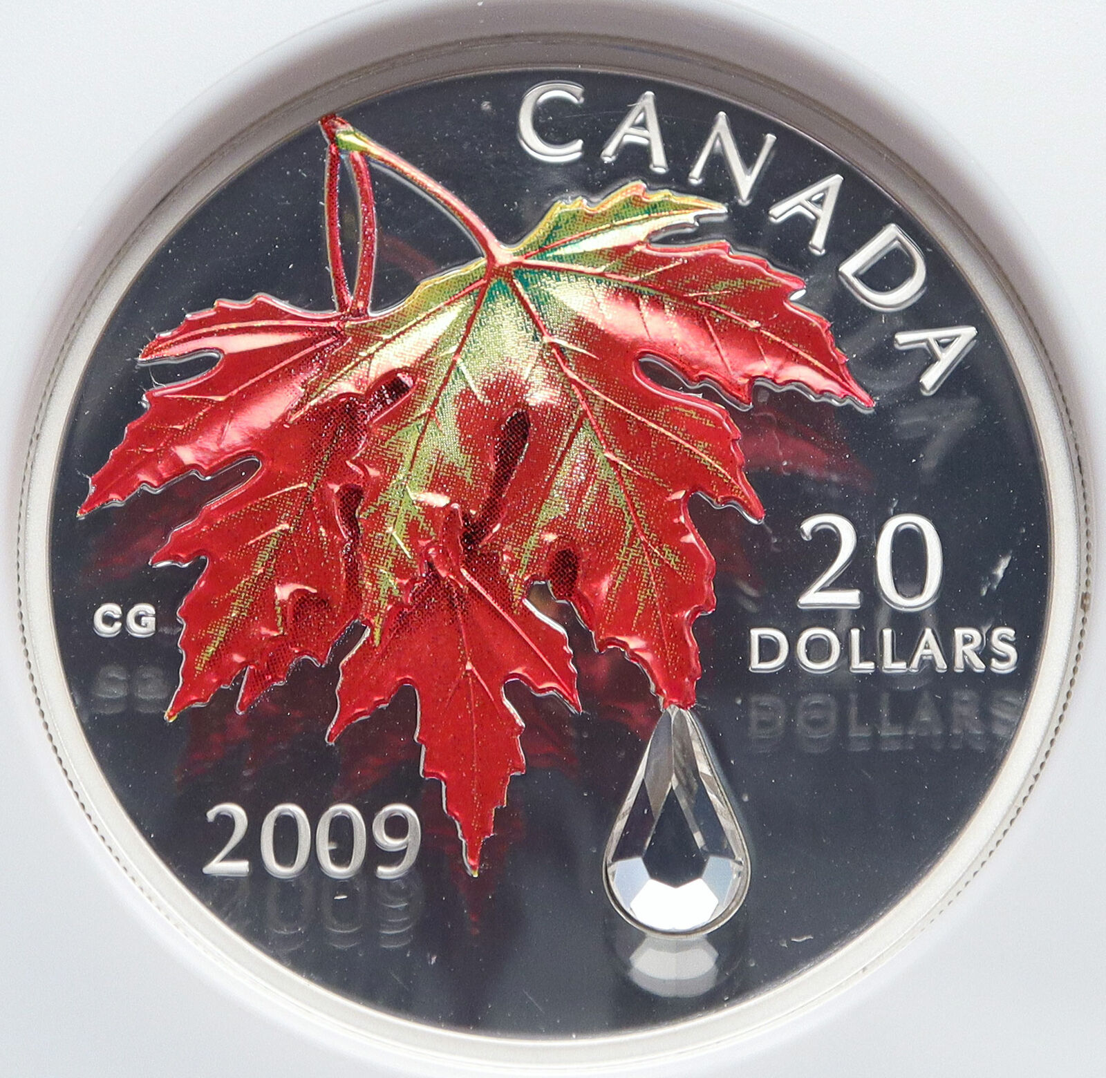 2009 CANADA Queen Elizabeth II Leaf SWAROVSKI Raindrop Silver 20 Coin NGC i86001