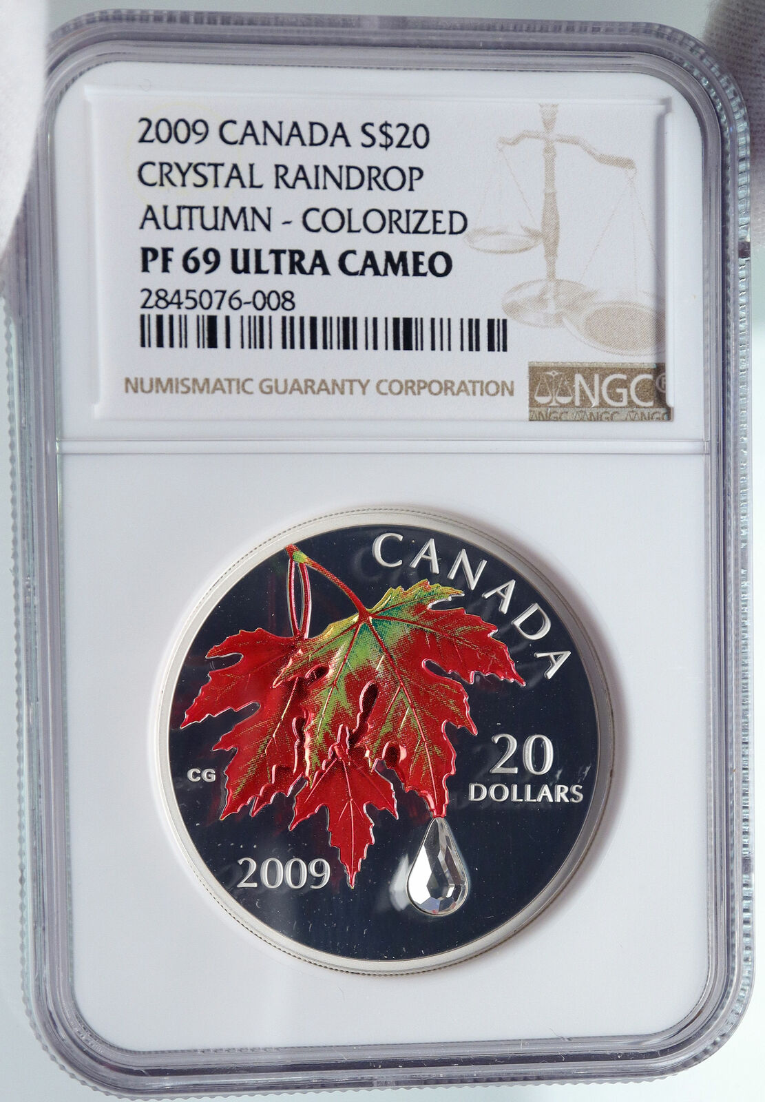 2009 CANADA Queen Elizabeth II Leaf SWAROVSKI Raindrop Silver 20 Coin NGC i86001