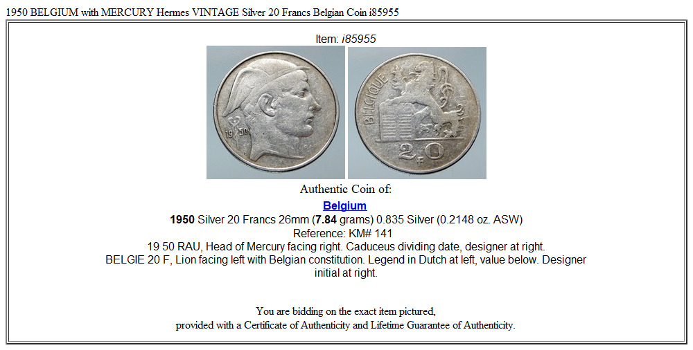 1950 BELGIUM with MERCURY Hermes VINTAGE Silver 20 Francs Belgian Coin i85955