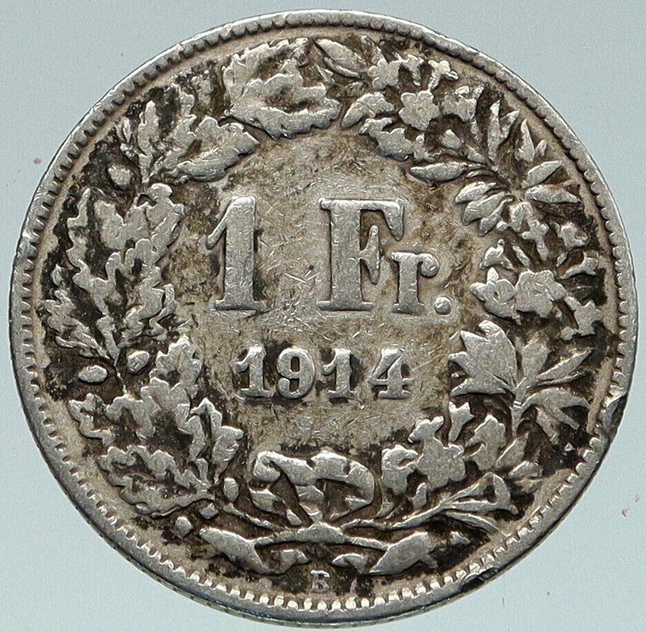 1914 SWITZERLAND - SILVER 1 Franc Coin - HELVETIA Symbolizes SWISS Nation i86092