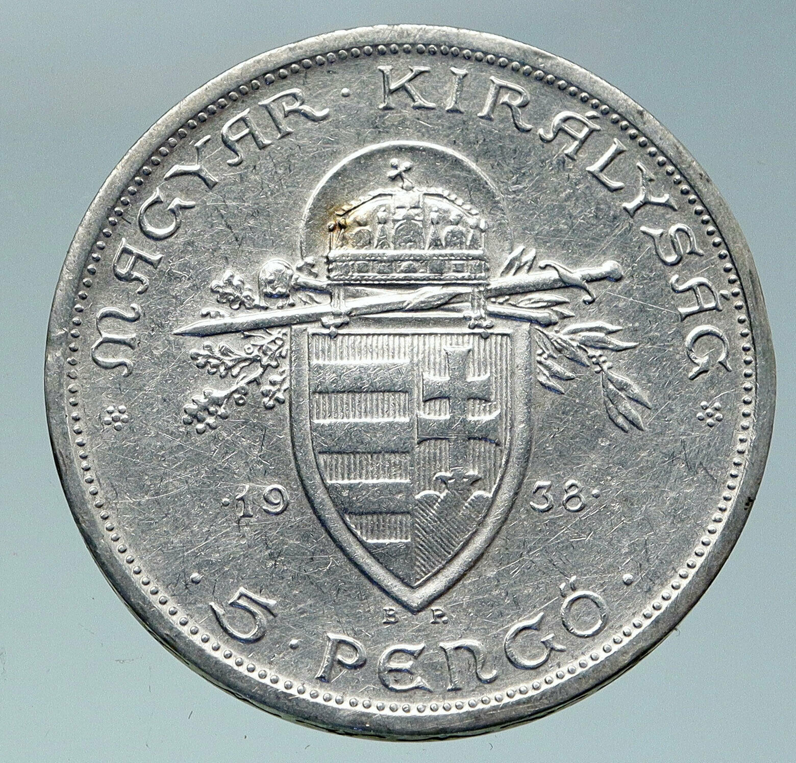 1938 HUNGARY King Saint Stephan VINTAGE Old Silver 5 Pengo Hungarian Coin i86488