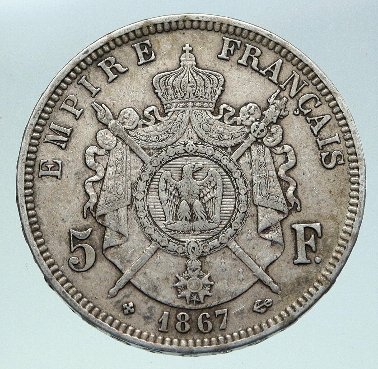 1867 FRANCE Emperor NAPOLEON III Crowned ARMS Silver 5 Francs French Coin i86330