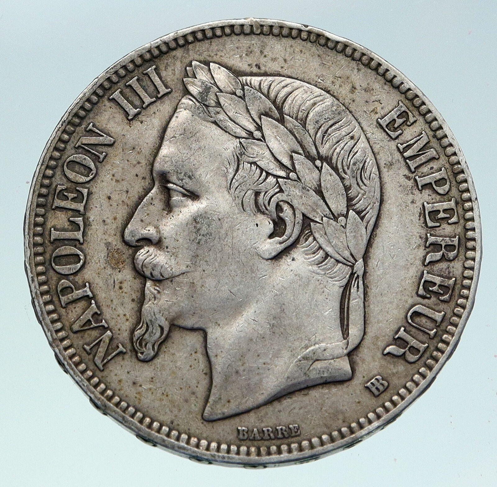 1867 FRANCE Emperor NAPOLEON III Crowned ARMS Silver 5 Francs French Coin i86330