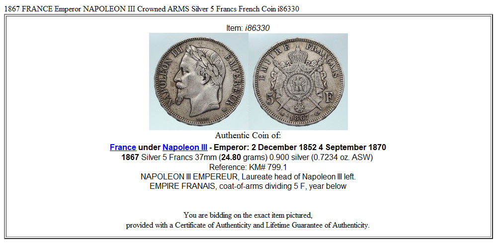 1867 FRANCE Emperor NAPOLEON III Crowned ARMS Silver 5 Francs French Coin i86330