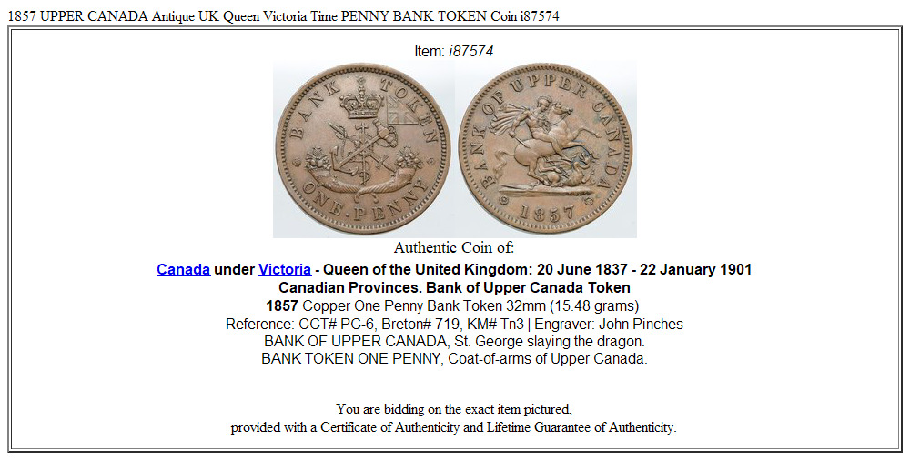 1857 UPPER CANADA Antique UK Queen Victoria Time PENNY BANK TOKEN Coin i87574