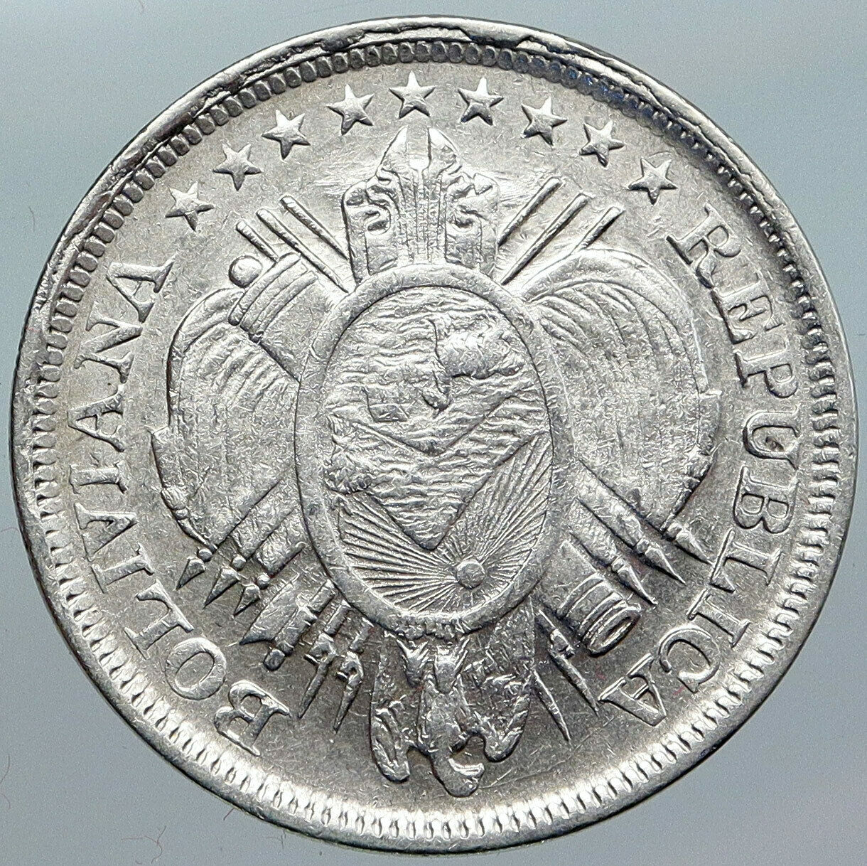 1897 CB BOLIVIA Antique Wreath Eagle Hill Genuine 50 Centavos Silver Coin i88053