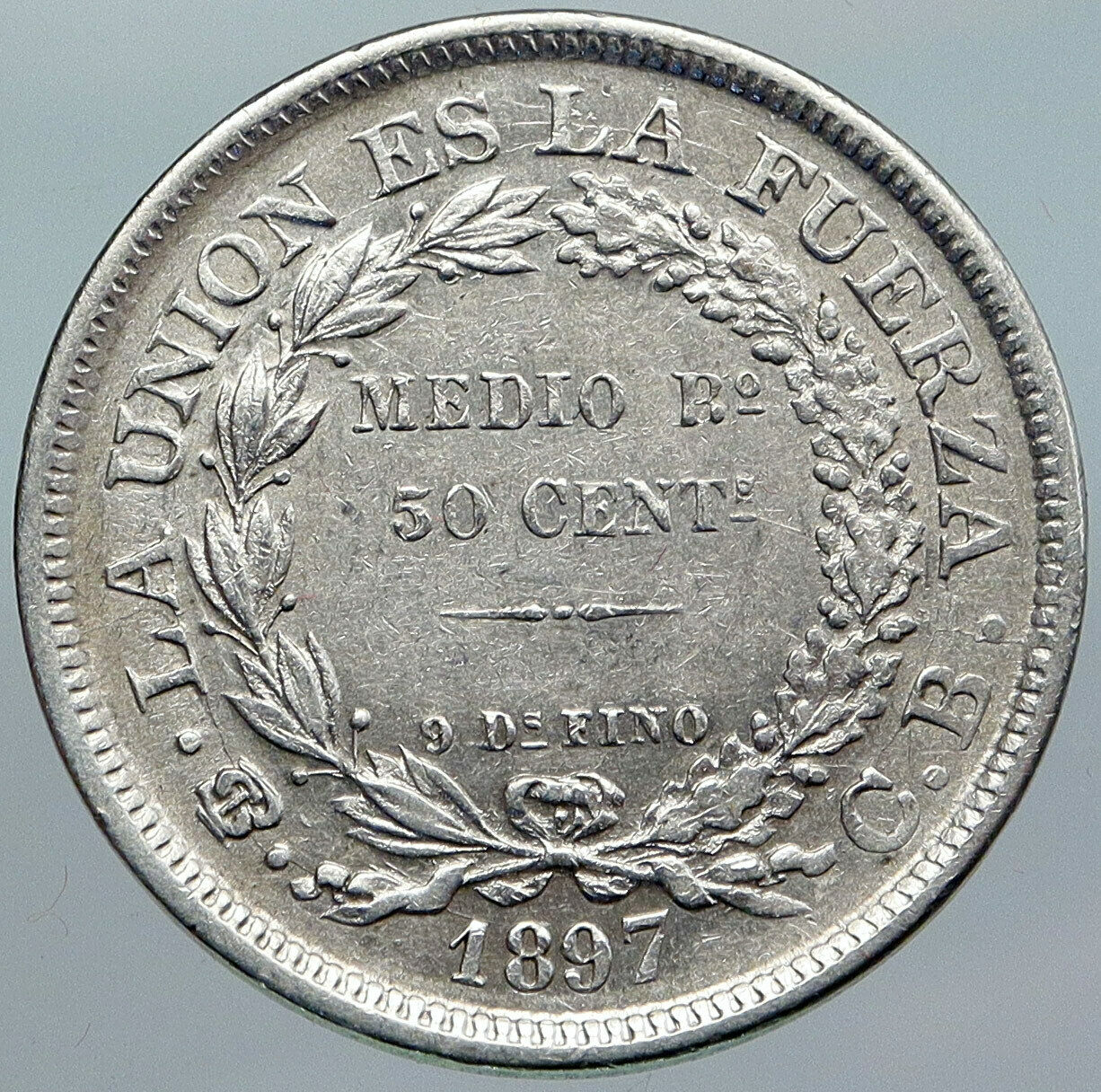 1897 CB BOLIVIA Antique Wreath Eagle Hill Genuine 50 Centavos Silver Coin i88053