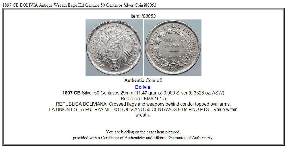 1897 CB BOLIVIA Antique Wreath Eagle Hill Genuine 50 Centavos Silver Coin i88053