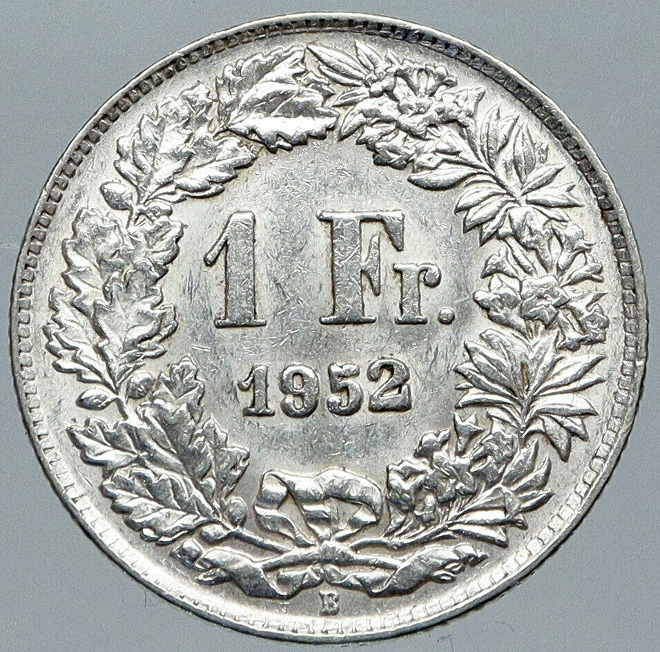 1952 B SWITZERLAND HELVETIA Symbolizes SWISS Nation SILVER 1 Franc Coin i88469