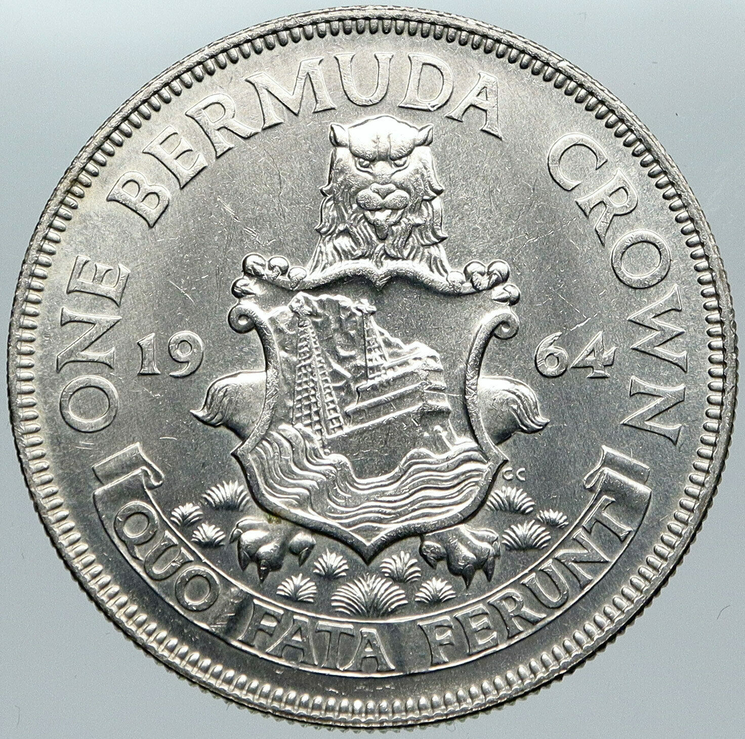 1964 BERMUDA British Colony LARGE Elizabeth II VINTAGE Silver Crown Coin i88577