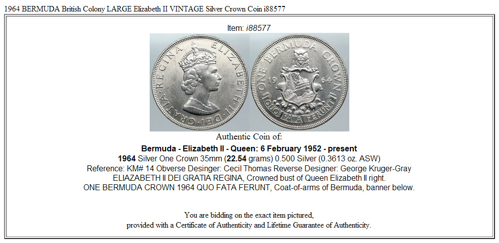 1964 BERMUDA British Colony LARGE Elizabeth II VINTAGE Silver Crown Coin i88577