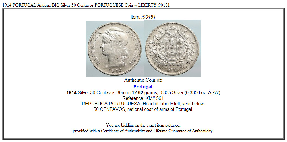 1914 PORTUGAL Antique BIG Silver 50 Centavos PORTUGUESE Coin w LIBERTY i90181