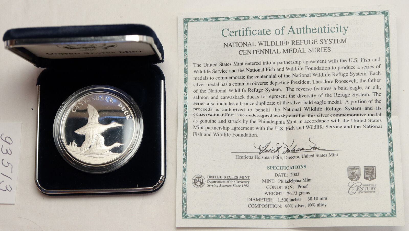 2003 United States USA Wildlife Refuge US MINT Duck Proof Silver Medal i93513