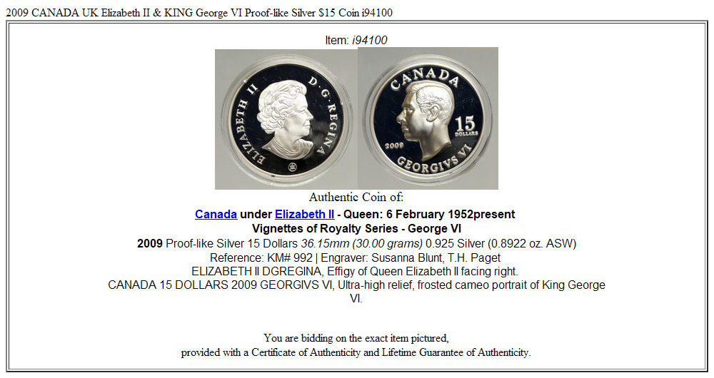 2009 CANADA UK Elizabeth II & KING George VI Proof-like Silver $15 Coin i94100