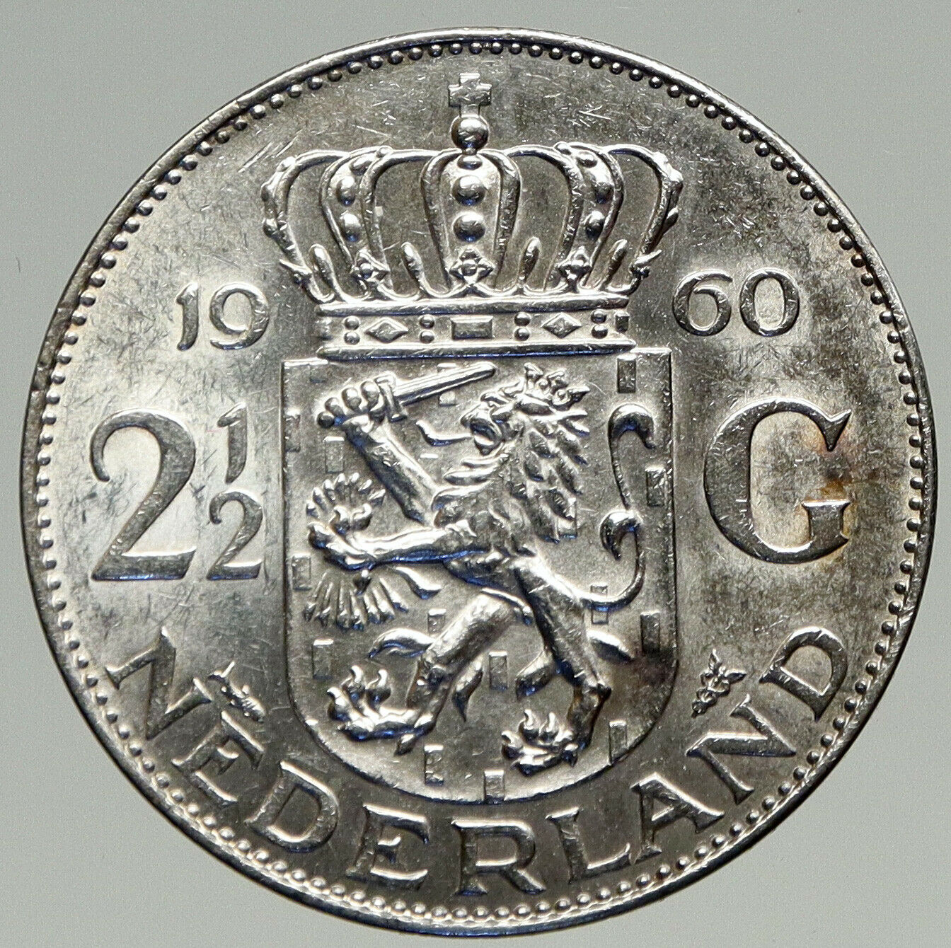 1960 Netherlands Kingdom Queen JULIANA Authentic Silver 2 1/2 Gulden Coin i93276