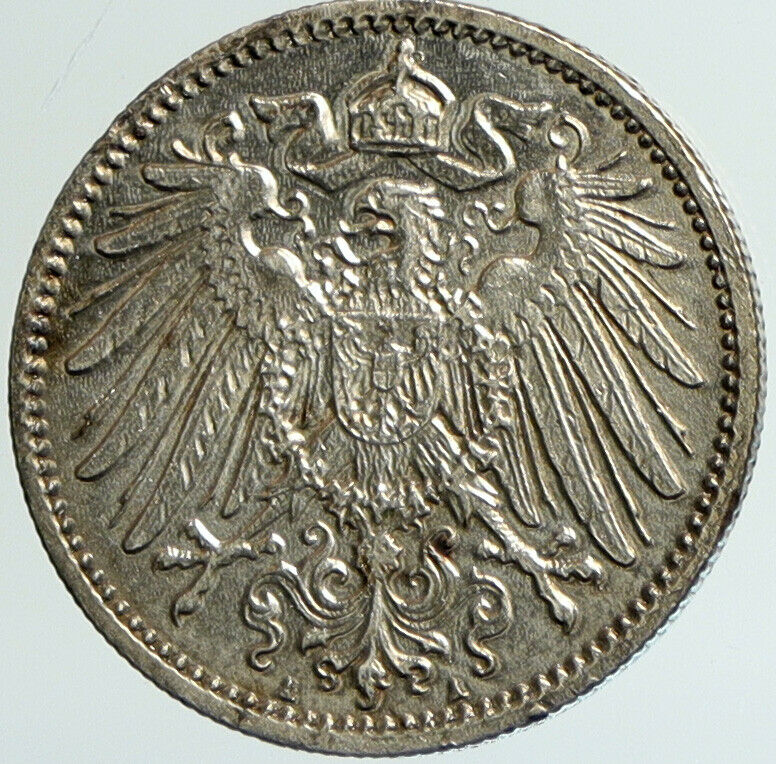 1914 A GERMANY WILHELM II Eagle Antique German Empire Silver 1 Mark Coin i101233