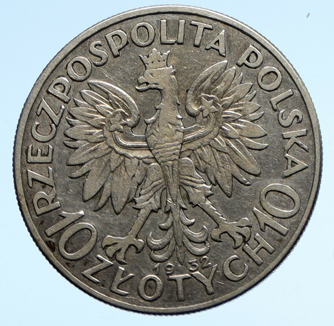 1932 POLAND Queen Jadwiga & Eagle Polish Antique Silver 10 Zlotych Coin i95713