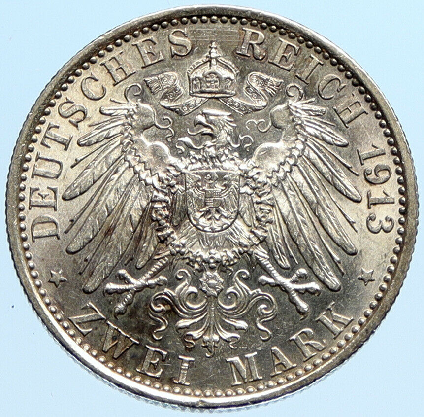 1913 PRUSSIA KINGDOM Germany WILHELM II Antique Silver 2 Mark German Coin i97025