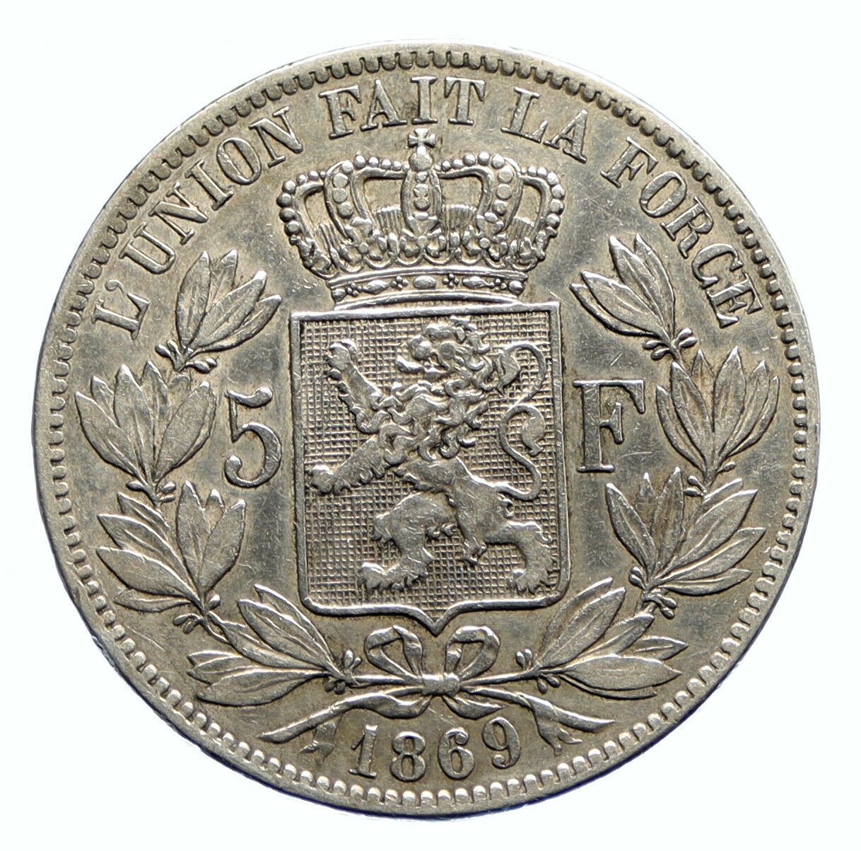 1869 BELGIUM with King LEOPOLD II and LION Antique Silver 5 Francs Coin i96257