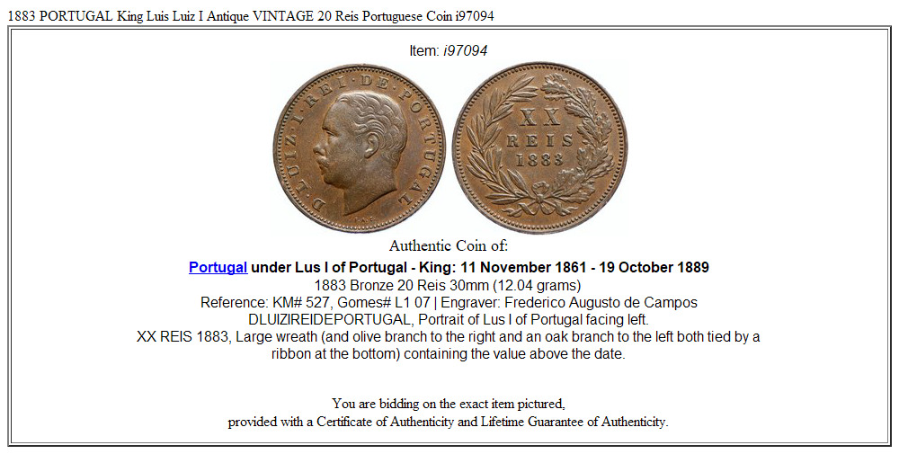 1883 PORTUGAL King Luis Luiz I Antique VINTAGE 20 Reis Portuguese Coin i97094