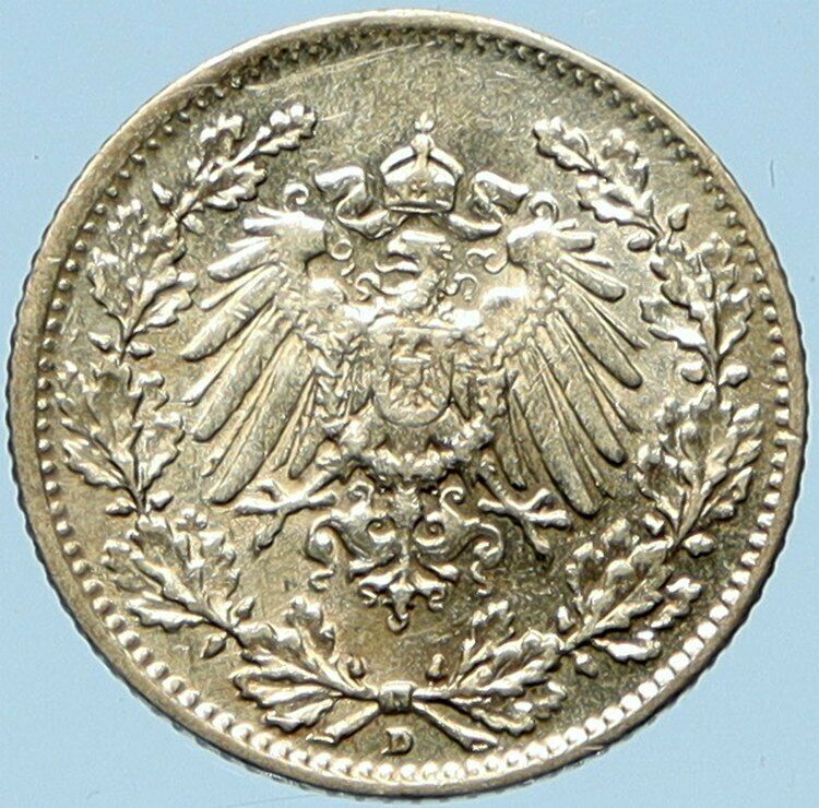 1915 D WILHELM II of GERMANY 1/2 Mark Antique German Silver Coin Eagle i98300