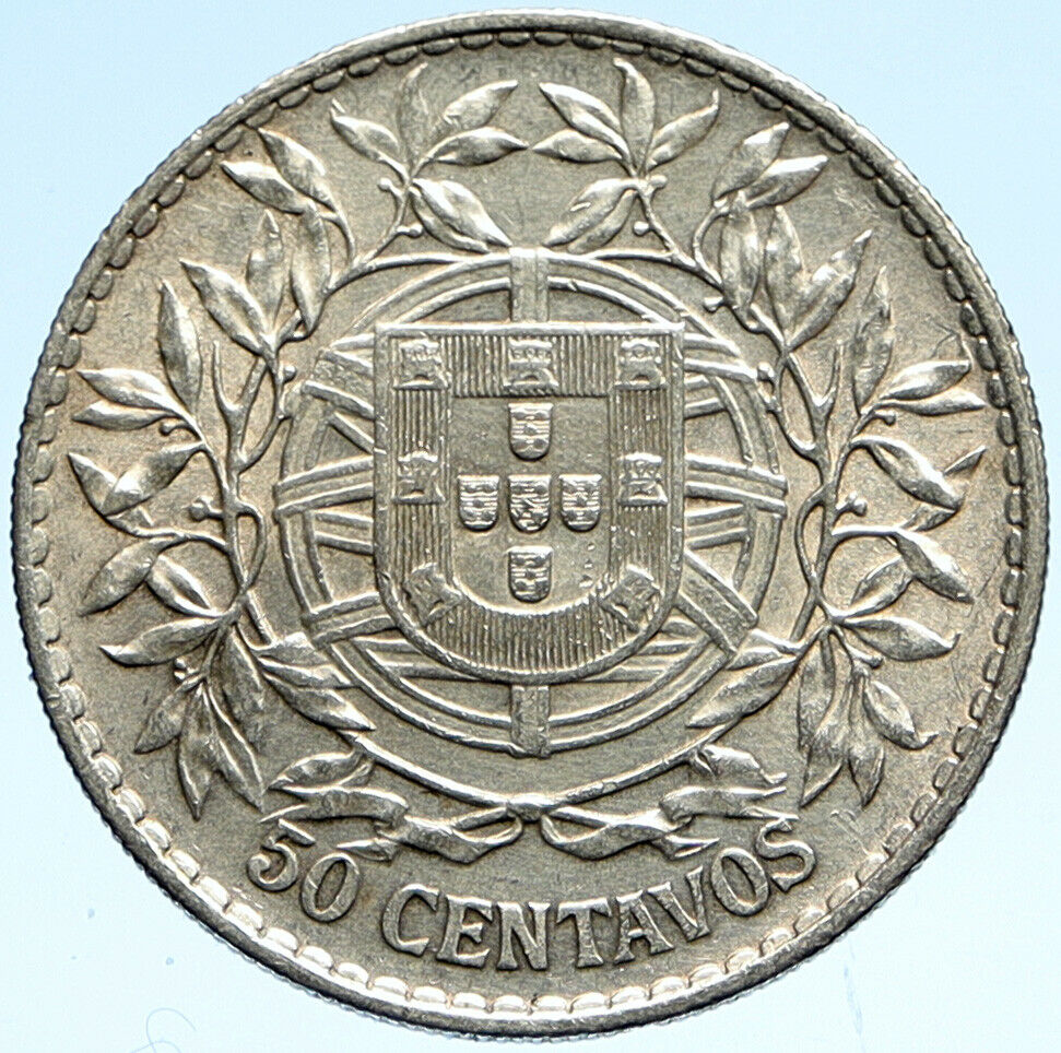 1916 PORTUGAL Antique BIG Silver 50 Centavos PORTUGUESE Coin w LIBERTY i99343