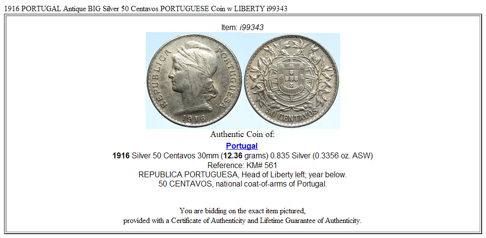 1916 PORTUGAL Antique BIG Silver 50 Centavos PORTUGUESE Coin w LIBERTY i99343