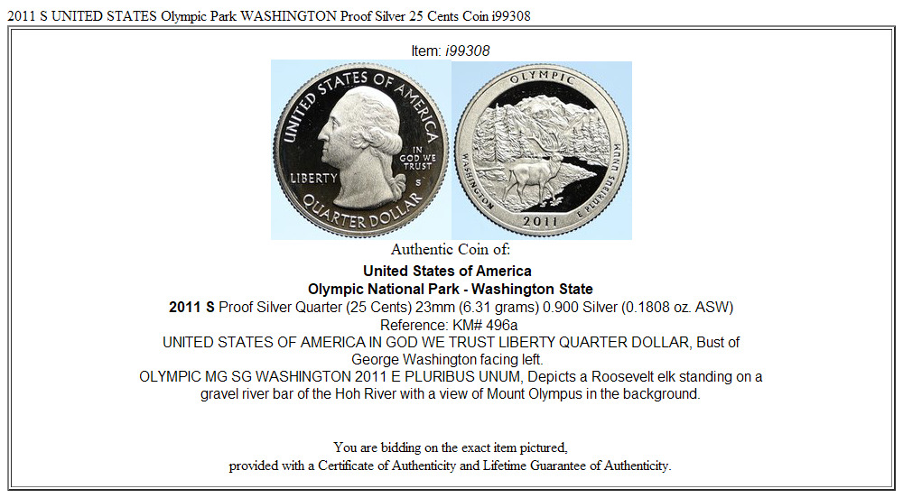 2011 S UNITED STATES Olympic Park WASHINGTON Proof Silver 25 Cents Coin i99308