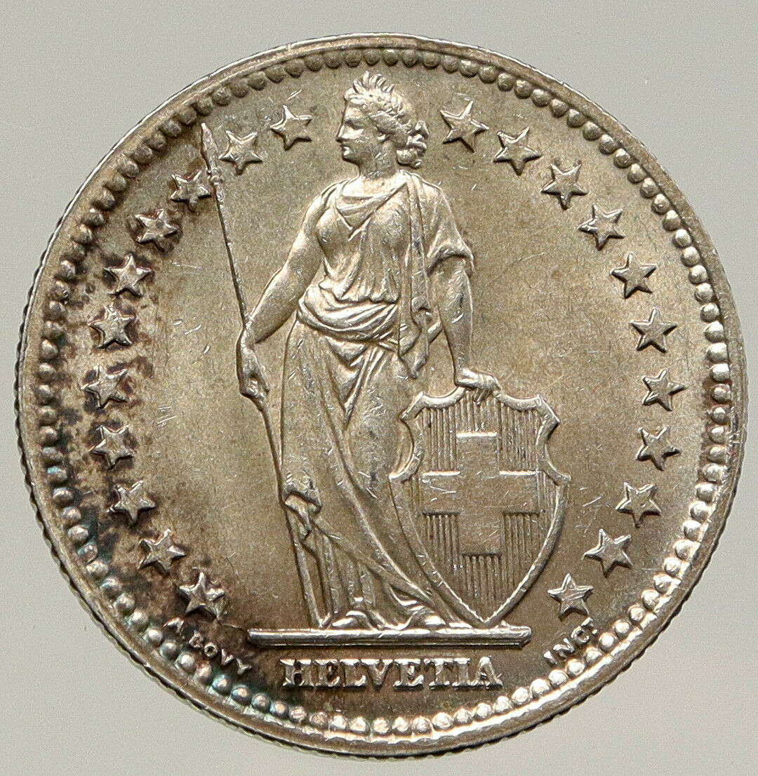 1944 SWITZERLAND - SILVER 2 Francs Coin HELVETIA Symbolizes SWISS Nation i93176