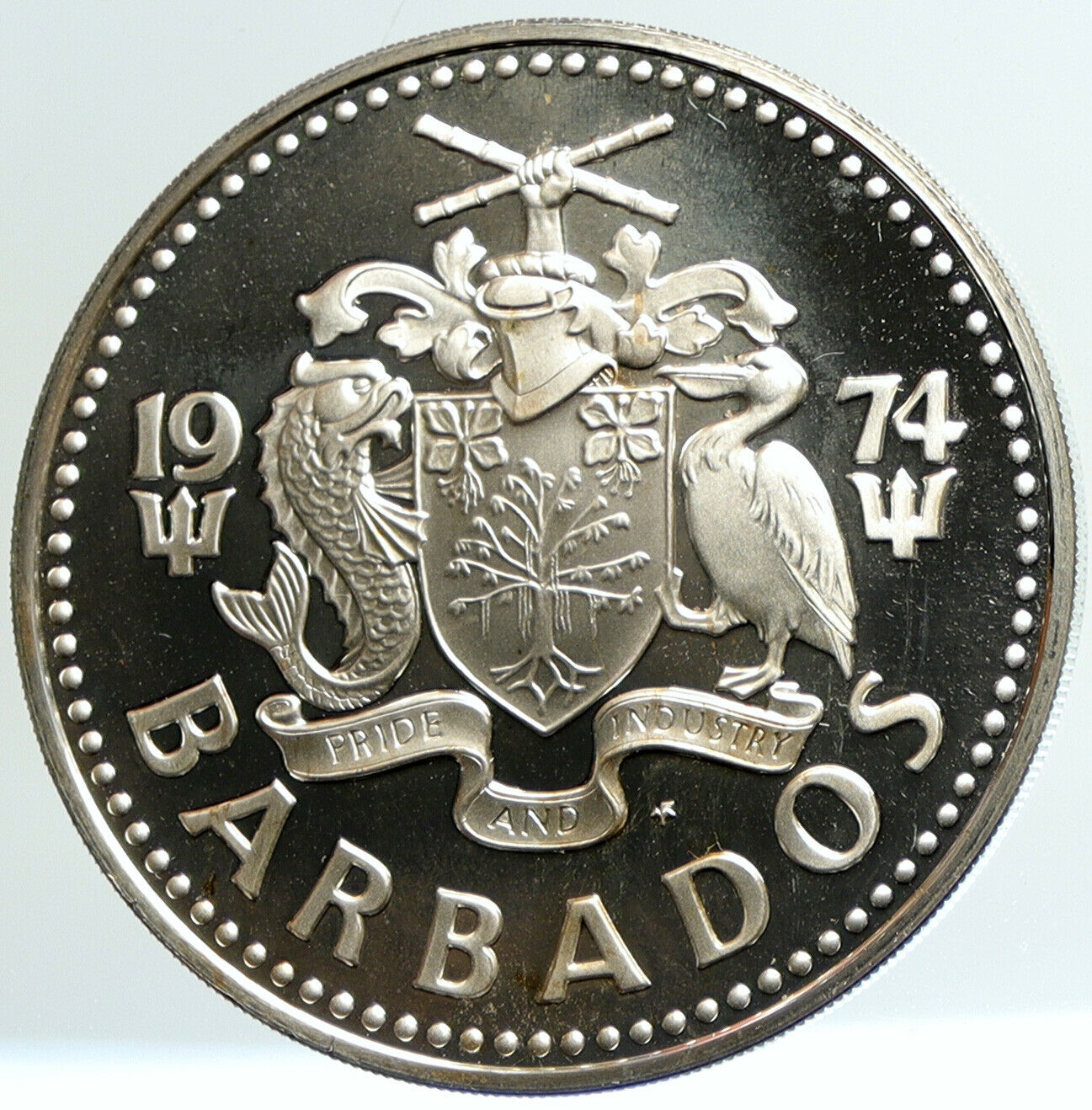 1974 BARBADOS Arms Trafalgar Fountain OLD Proof Silver 5 Dollars Coin i101236