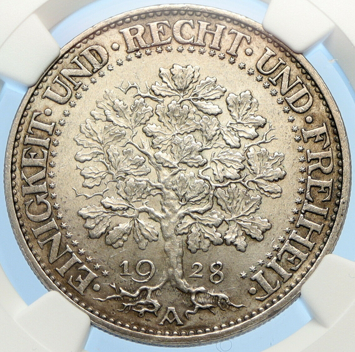 1928 Weimar Germany EAGLE & OAK TREE Antique Silver 5 Reichsmark Coin NGC i98401