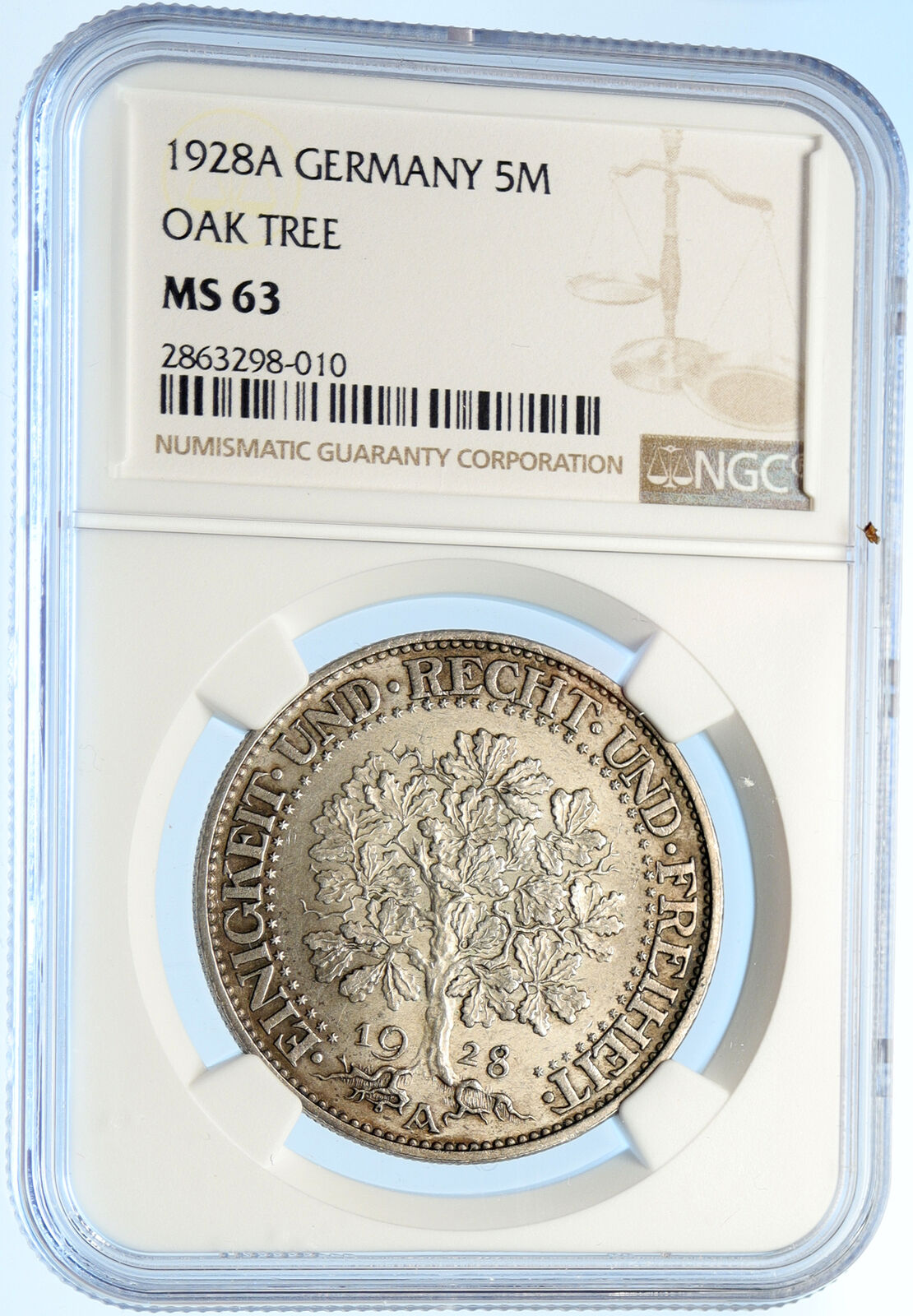 1928 Weimar Germany EAGLE & OAK TREE Antique Silver 5 Reichsmark Coin NGC i98401