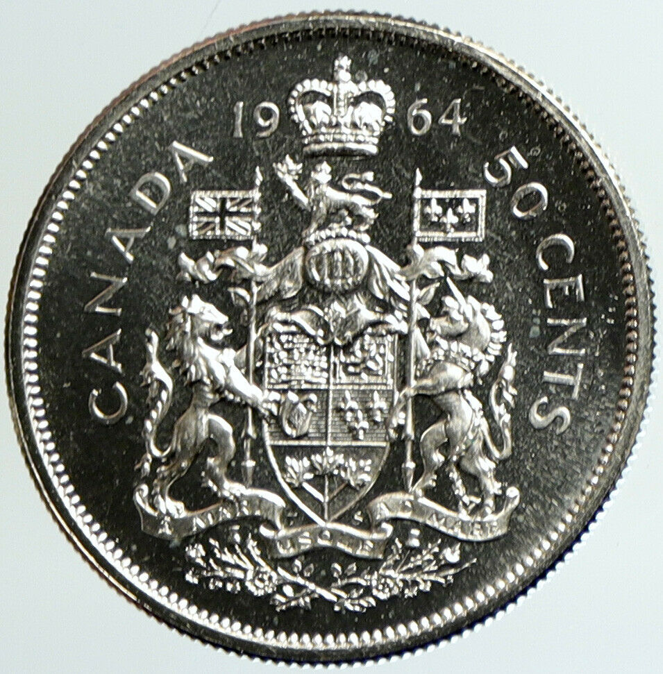 1964 CANADA Queen Elizabeth II Arms Crown VINTAGE SILVER 50 Cents Coin i101234