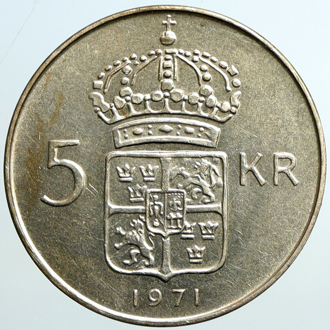 1971 Sweden KING GUSTAF VI Crowned ARMS Vintage OLD Silver 5 Kroner Coin i101598