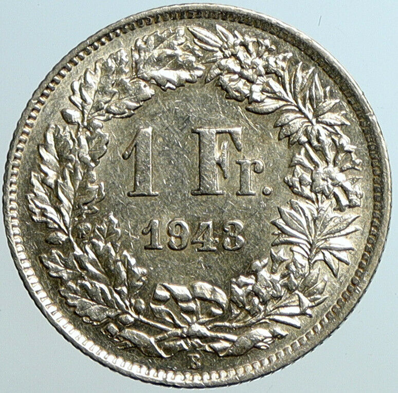 1943 B SWITZERLAND HELVETIA Symbolizes SWISS Nation SILVER 1 Franc Coin i101596