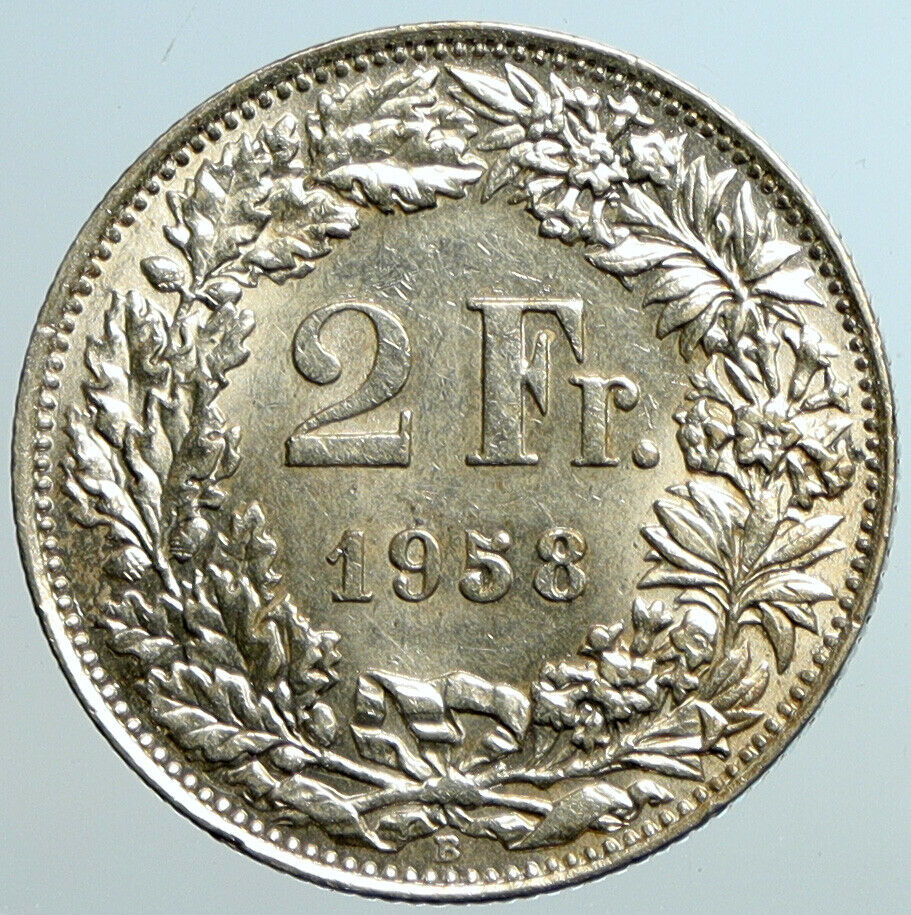 1958 SWITZERLAND - SILVER 2 Francs Coin HELVETIA Symbolizes SWISS Nation i101600