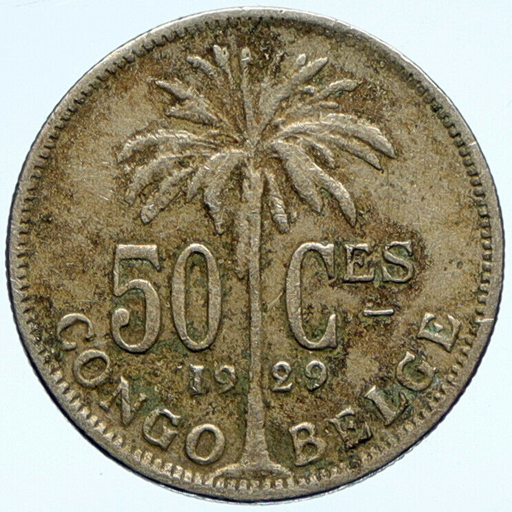 1929 BELGIAN CONGO Belgium KING ALBERT I Old PALM 50 Centimes RARE Coin i99860