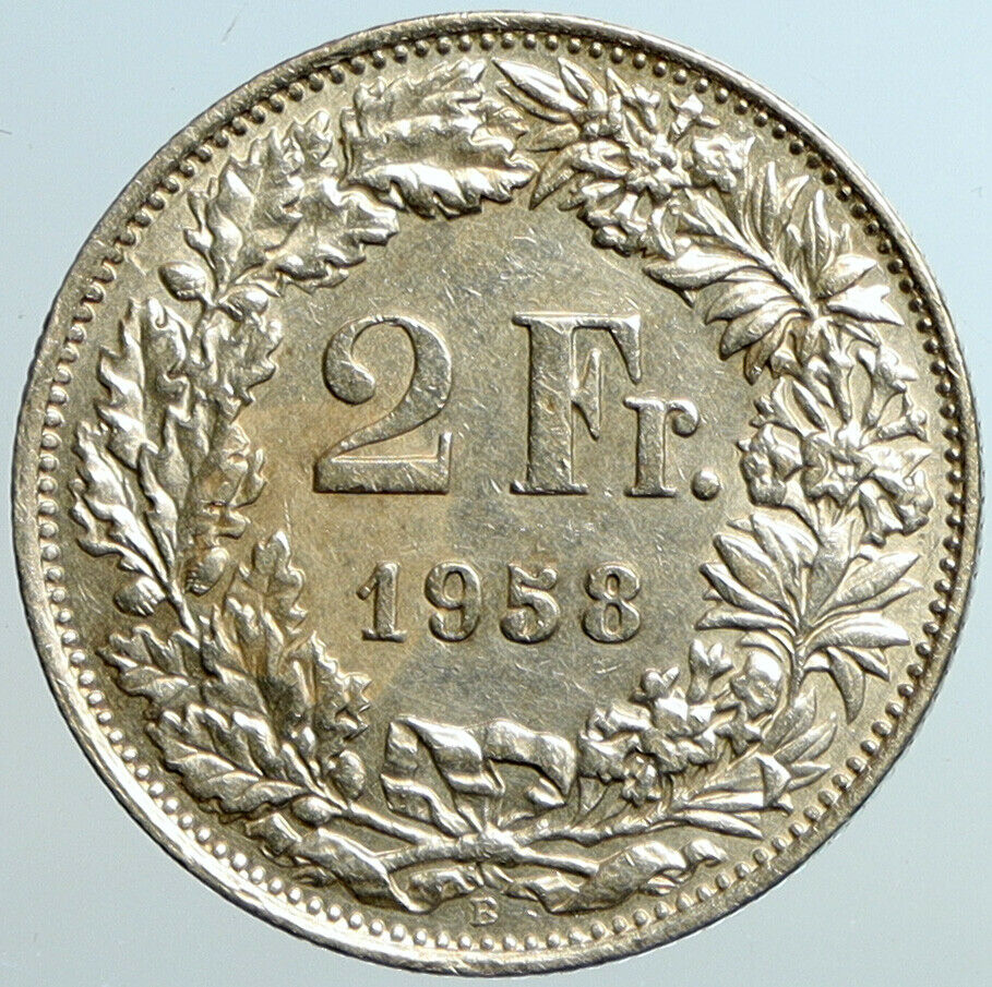 1958 SWITZERLAND - SILVER 2 Francs Coin HELVETIA Symbolizes SWISS Nation i101599