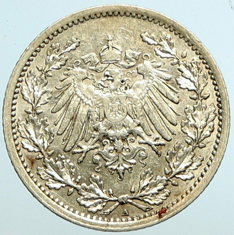 1914 A WILHELM II of GERMANY Antique German Silver 1/2 Mark Coin Eagle i101626