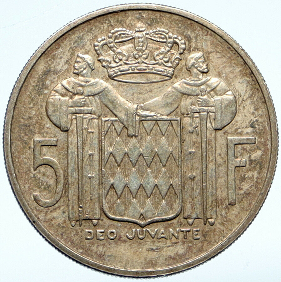 1960 MONACO King Rainier III Crown Antique Genuine Silver 5 Franc Coin i99858