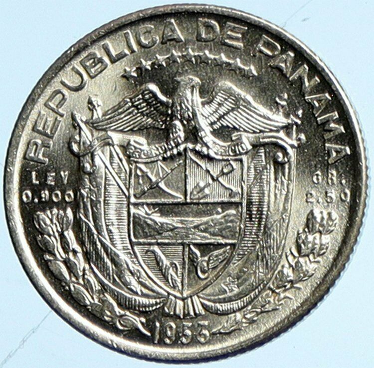 1953 PANAMA Conquistador HERO BALBOA Silver Tenth 1/10th Spanish Coin i101713