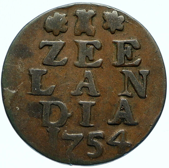 1754 Netherlands DUTCH REPUBLIC Zeelandia Vintage OLD Antique Duit Coin i98640