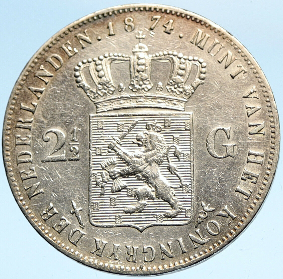 1874 Netherlands King WILLIAM III Crown ANTIQUE Silver 2 1/2 Gulden Coin i99677