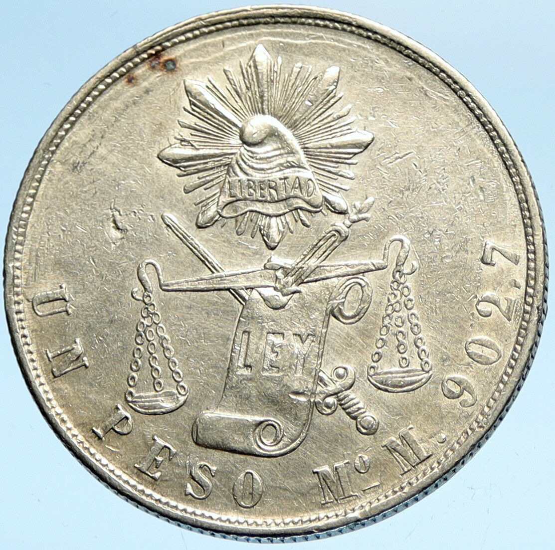 1871 Mo M MEXICO Eagle Sun CAP & SCALES Antique Mexican Silver Peso Coin i99671