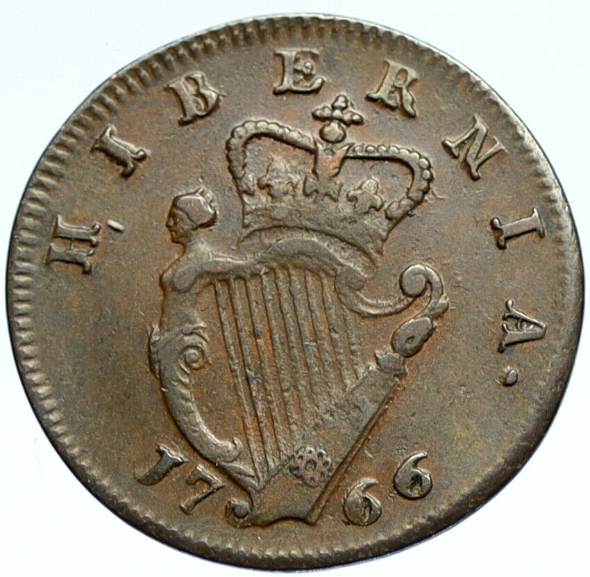 1766 IRELAND UK King George III Antique Lyre VINTAGE OLD 1/2 Penny Coin i99674